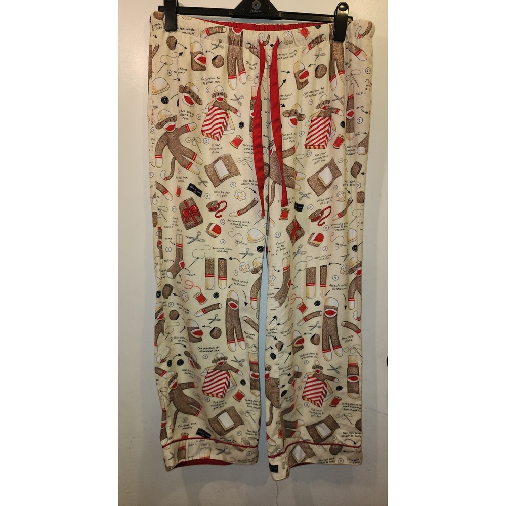Nick & Nora Sock Monkey DIY Instruction Print Cotton Pajama Pants XL Cream Red
